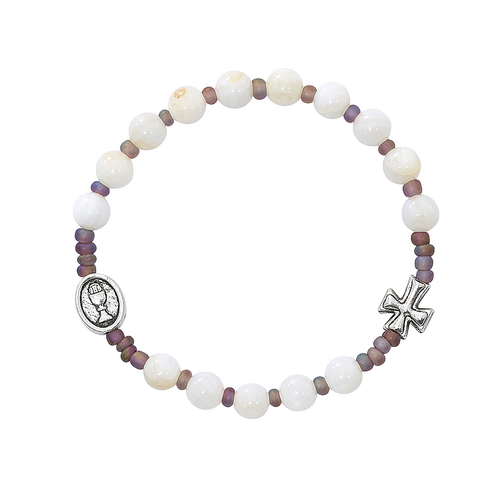 First Communion with chalice and Cross charms with White River Stone beads Stretch Bracelet 