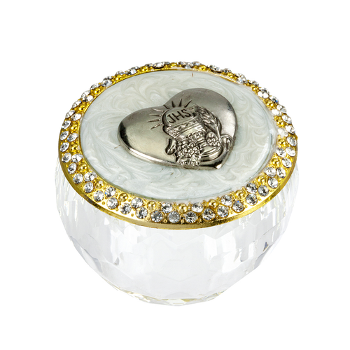 Communion Keepsake Box with Crystal Stones Glass Heart Shaped Chalice Emblem 2-1/4" with Rhinestone Accent HI5990