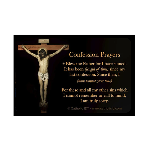 Catholic Confession ID Card with prayers on front and on the back has act of contrition measures 3 and 1 half by 2 inches ID Catholic Confession ID Card with prayers on front and on the back has act of contrition measures 3 and 1 half by 2 inches ID