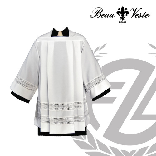 Clergy Surplice | Lace Insert | Square Collar | 5 Sizes | Polyester Poplin | Beau Veste | USA