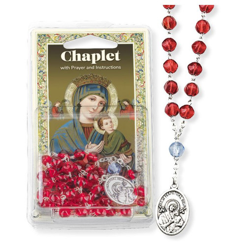 Our Lady of Perpetual Help Chaplet with Red Glass Beads and Holy Card