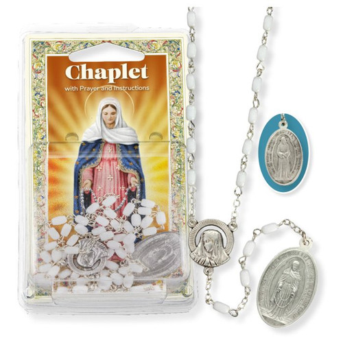 Our Lady of Tears Chaplet with white Beads & Holy Card 