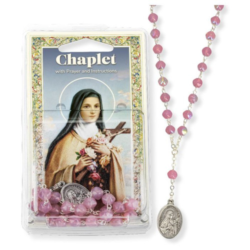 St Therese Chaplet with Pink Glass Beads and Holy Card
