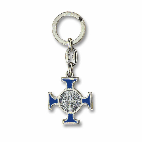 Blue enamel Saint Benedict medal Key Ring 