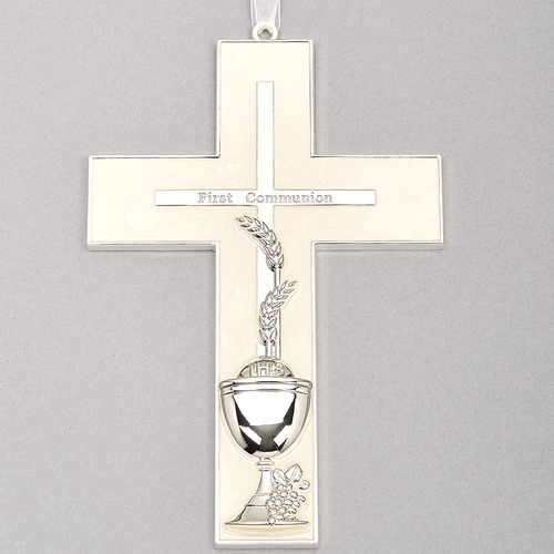 First Communion Wall Cross with Silver Sacramental Emblems 7" in Height 