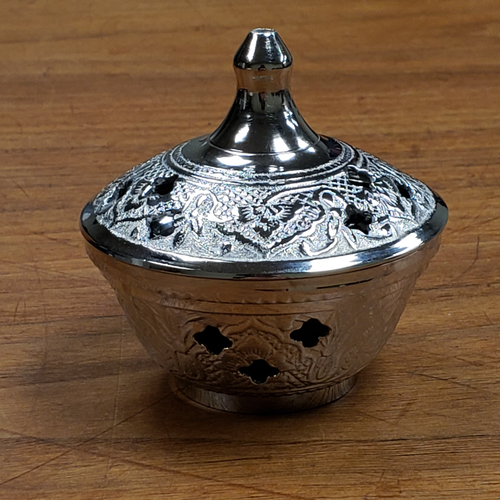 Incense Burner Detailed Scroll Work Silver Toned Lid 3" 12786