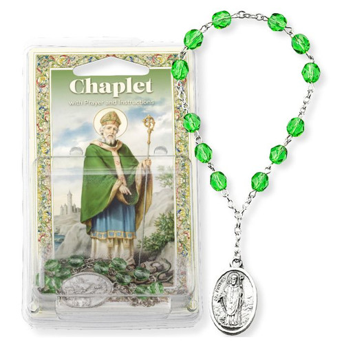 Saint Patrick Chaplet with Green Glass Beads and Holy Card