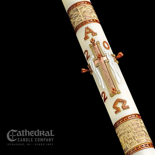 Made to Order Paschal Candle Luke 24 - Close Up photo - Paschal For Easter by Cathedral Candle 51 percent beeswax Eximious collection in variety of size hand made designs  Made to Order Paschal Candle Luke 24 - Close Up photo - Paschal For Easter by Cathedral Candle 51 percent beeswax Eximious collection in variety of size hand made designs
