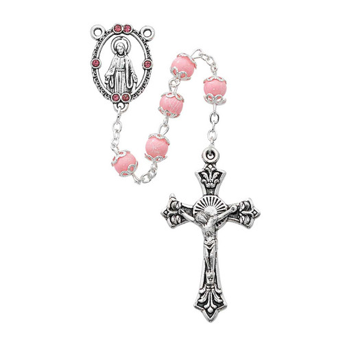 Rosary Beads Madonna Centerpiece 6MM Pink Glass Beads Close Up 