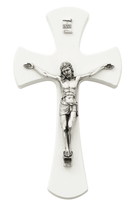 Wall Crucifix with White Wood and Silver Plated Corpus size7" MA7978 Wall Crucifix with White Wood and Silver Plated Corpus size7" MA7978