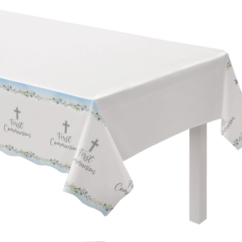 First Communion Tablecloth Blue Edge with Floral 54" x 102"  AN572836 First Communion Tablecloth Blue Edge with Floral 54" x 102"  AN572836