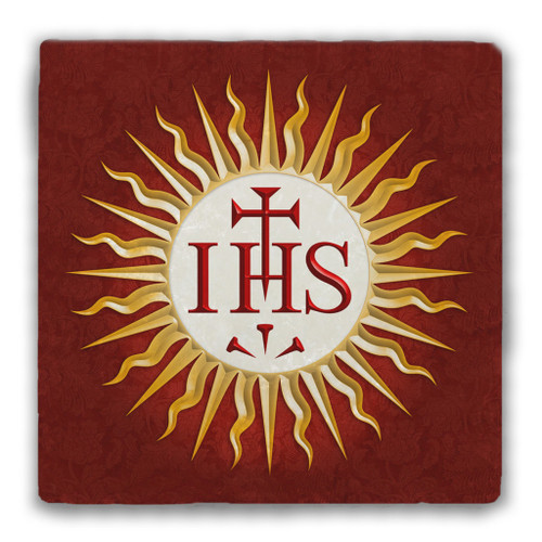IHS Design with Cross and Nails - Tumbled Stone Coaster with Cork Backing  IHS Design with Cross and Nails - Tumbled Stone Coaster with Cork Backing