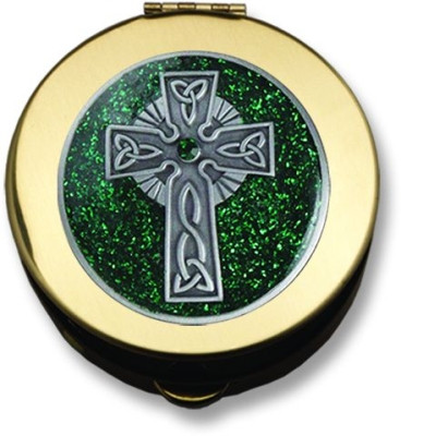 Celtic Cross Brass Pyx with Green Stone and Pewter Emblem