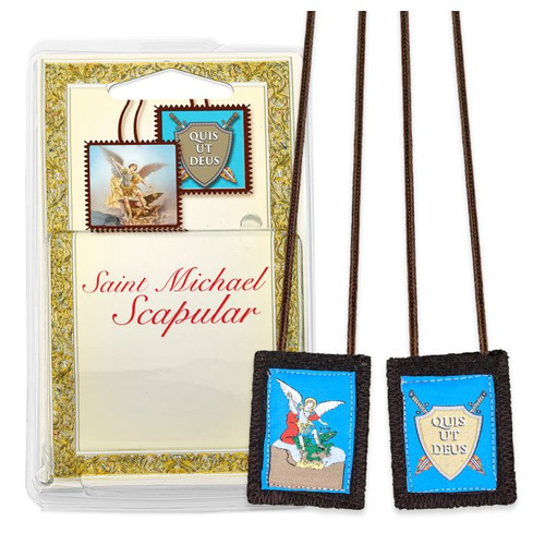 St. Michael Brown Wool Scapular with brown cord, 1-3/4" x 2", in deluxe carded packaging.