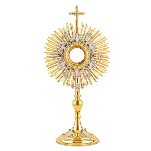 Traditional Monstrance with starburst and silver filigree with blue stones
