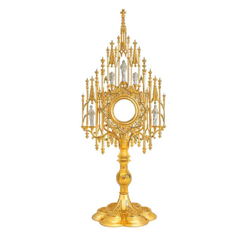 Neo-Gothic Tower Monstrance - Gold-Plated Brass with Apostolic Figures