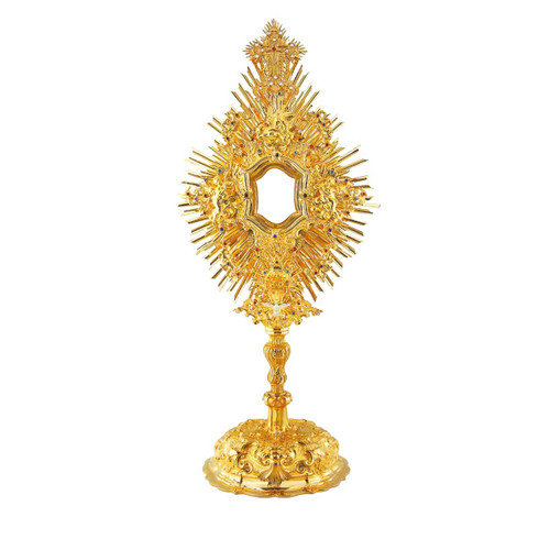 Oval Baroque Monstrance with rectangular luna case with God on top and Holy Spirit blow luna 