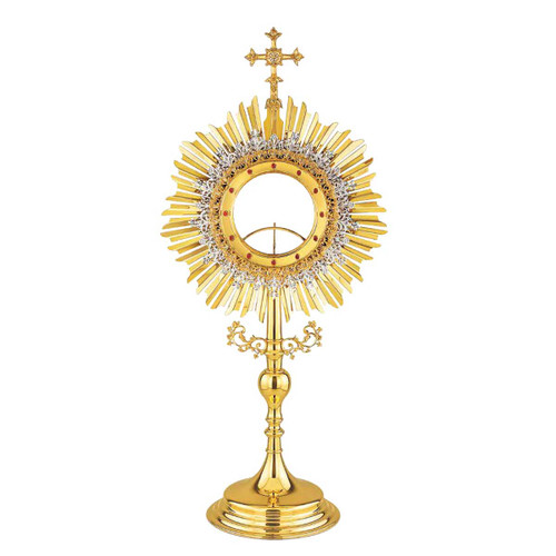 Large Gold-Plated Monstrance with Sunburst Glory and Red Stones