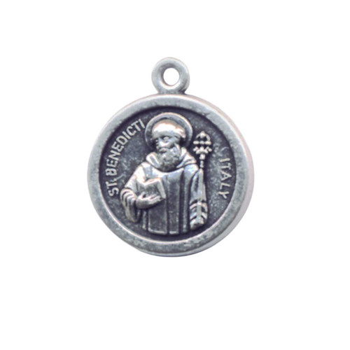 Saint Benedict Medal with graphic showing him with a book and a staff 