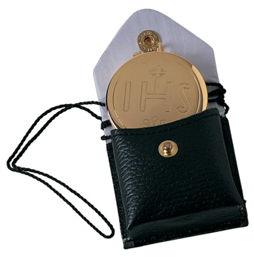 IHS Pyx and Black Burse Set Brass With 24K Gold Plate measures 2 inches by 5 eighths inches 7 host capacity From Italy KOK207 IHS Pyx and Black Burse Set Brass With 24K Gold Plate measures 2 inches by 5 eighths inches 7 host capacity From Italy KOK207