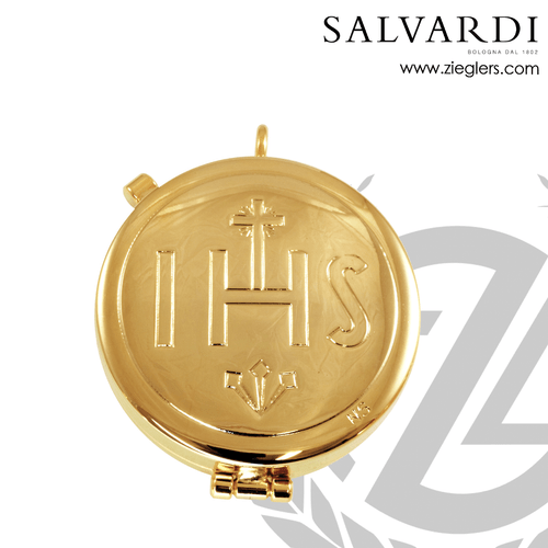 IHS brass pyx with gold plate and loop holds 12 host measures 2 by 2 and 1 half inches made in italy salart503 IHS brass pyx with gold plate and loop holds 12 host measures 2 by 2 and 1 half inches made in italy salart503