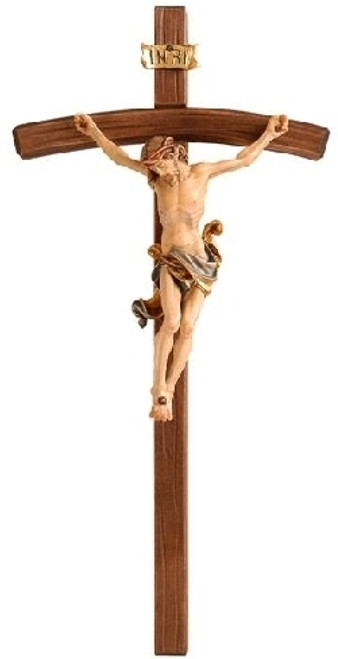 Leonardo Wall Crucifix Arched Cross Hand-Painted Select Alpine Wood Crafted In Italy measures 5 and 1 half  inches  colored finish PEM7040055C Leonardo Wall Crucifix Arched Cross Hand-Painted Select Alpine Wood Crafted In Italy measures 5 and 1 half  inches  colored finish PEM7040055C
