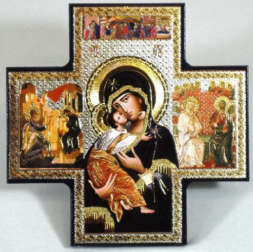Our Lady Of Perpetual Help Icon Style Cross with Silver & Gold Accents made of Wood made In Italy measures 7 and 1 half by 7 and 1 half inches TIE53371 Our Lady Of Perpetual Help Icon Style Cross with Silver & Gold Accents made of Wood made In Italy measures 7 and 1 half by 7 and 1 half inches TIE53371