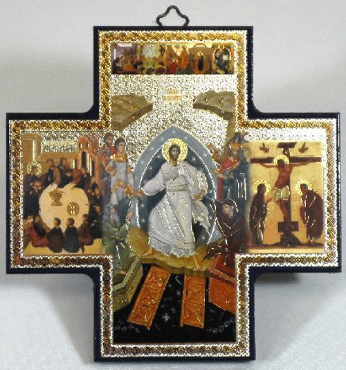 Icon Style Cross depicting the Risen Lord with Gold and silver foil accents on wood imported from Italy measures 7 and 1 half inches by 7 and 1 half inches TIE53373 Icon Style Cross depicting the Risen Lord with Gold and silver foil accents on wood imported from Italy measures 7 and 1 half inches by 7 and 1 half inches TIE53373