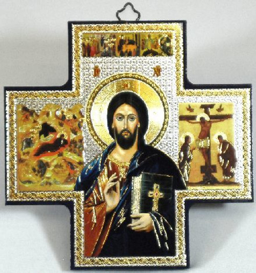Icon Style Cross depicting the Christ the Teacher with Gold and silver foil accents on wood imported from Italy measures 7 and 1 half inches by 7 and 1 half inches TIE53374 Icon Style Cross depicting the Christ the Teacher with Gold and silver foil accents on wood imported from Italy measures 7 and 1 half inches by 7 and 1 half inches TIE53374