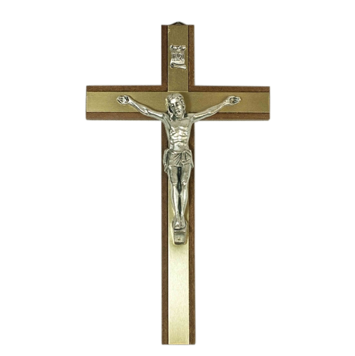 Wall Crucifix Wood cross With Brass Inlay in Medium Brown Stain with Pewter Corpus Imported From Italy measures 6 inches TIE40091