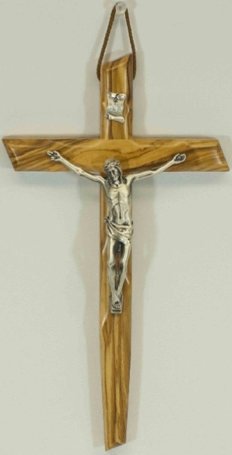 Olive Wood Wall Crucifix IN Natural Finish with Angled Ends and Silver Corpus Imported From Italy measures 10 and 1 quarter inches LALPG037 Olive Wood Wall Crucifix IN Natural Finish with Angled Ends and Silver Corpus Imported From Italy measures 10 and 1 quarter inches LALPG037