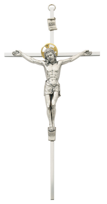 Wall Crucifix of Polished Aluminum Cross Pewter Corpus With Gold Halo Made In U S A measures 10 inches by 5 inches MA7942501 Wall Crucifix of Polished Aluminum Cross Pewter Corpus With Gold Halo Made In U S A measures 10 inches by 5 inches MA7942501