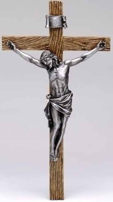 Wall Crucifix Brown Cross With Wood Look Finish and Antique Silver Finish Corpus made of Resin Stone Mix measures 13-3/4 inches RO62152 Wall Crucifix Brown Cross With Wood Look Finish and Antique Silver Finish Corpus made of Resin Stone Mix measures 13-3/4 inches RO62152