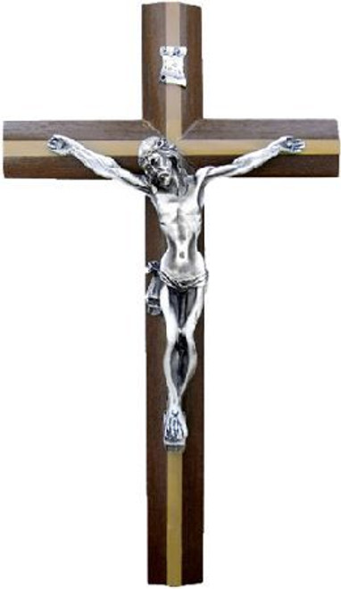 Wall Crucifix Dark Walnut With  Light Olive Wood Inlay Silver Finish Corpus Imported From Italy measures 16 inches TIE4359 Wall Crucifix Dark Walnut With  Light Olive Wood Inlay Silver Finish Corpus Imported From Italy measures 16 inches TIE4359