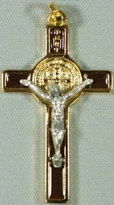 Saint Benedict Crucifix Brown and Gold Cross with Silver Corpus and Gold Finish Medal measures 2 inches TIE4383 Saint Benedict Crucifix Brown and Gold Cross with Silver Corpus and Gold Finish Medal measures 2 inches TIE4383