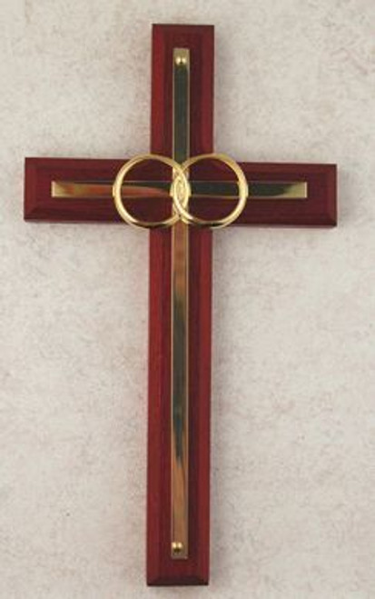 Wedding Cross Cherry Finish Brass Accent Cross Intertwined Rings measures 6 and 3 quarters by 3 and 3 quarters inches MA7113 Wedding Cross Cherry Finish Brass Accent Cross Intertwined Rings measures 6 and 3 quarters by 3 and 3 quarters inches MA7113