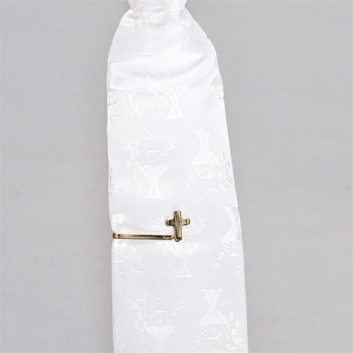 Pre-knotted white damask tie and cross tie pin set 