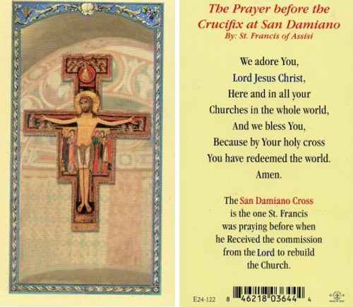 Laminated holy card with san damiano crucifix on front and prayer on back measures 4 and 1 half inches high E24-122 Laminated holy card with san damiano crucifix on front and prayer on back measures 4 and 1 half inches high E24-122
