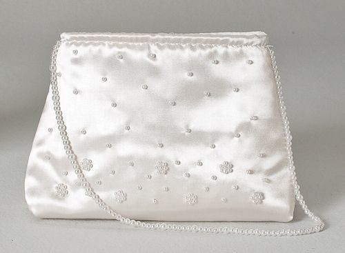 First Communion Purse Made of Satin-Look Polyester with White Bead Accents measures 5 by 7 by 2 inches with eight inch pearl string handle RO91160 First Communion Purse Made of Satin-Look Polyester with White Bead Accents measures 5 by 7 by 2 inches with eight inch pearl string handle RO91160