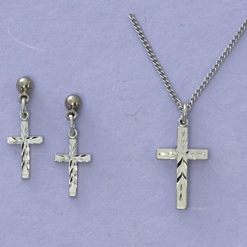 Cross Necklace & Earrings Set | Brushed Silver Finish | Cut Accents - F.C. Ziegler Company