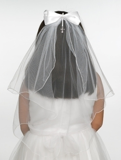 First Communion Veil with bow and comb headpiece  features cross charm measures 20 inches with Finished EdgeS RO65392 First Communion Veil with bow and comb headpiece  features cross charm measures 20 inches with Finished EdgeS RO65392