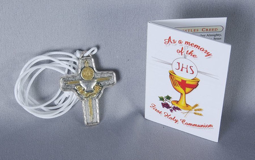 First Communion Necklace Blessed Sacrament On Cross in Silver and Gold measures 1 and 1 half inches on White Cord comes with Remembrance Booklet LALG135 First Communion Necklace Blessed Sacrament On Cross in Silver and Gold measures 1 and 1 half inches on White Cord comes with Remembrance Booklet LALG135