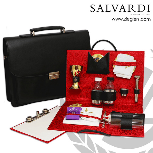 black brief case style mass kit includes chalice paten pyx stock aspergillum altar crucifix 2 cruets 2 candles 2 draft protectors stole linen salart79