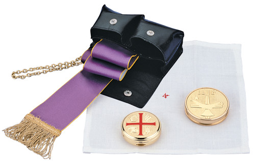 Mass kit with leather case, pyx, oil stock, linen, and reversible stole style 129