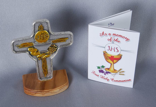 Blessed Sacrament Cross made of Metal On Wood Base measures 1 and 1 half inches Made In Italy LALG138 Blessed Sacrament Cross made of Metal On Wood Base measures 1 and 1 half inches Made In Italy LALG138
