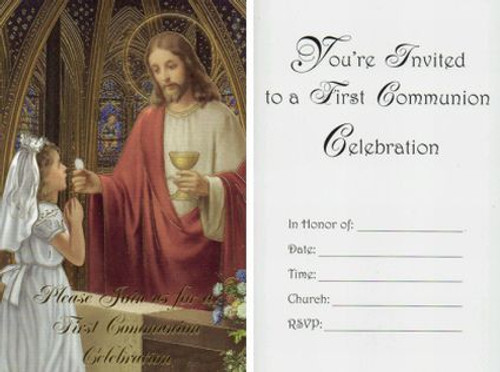 Christ and girl First Communion Invitations measure 3 and 1 quarter by five inches 8 Count package comes with envelopes HICI675 Christ and girl First Communion Invitations measure 3 and 1 quarter by five inches 8 Count package comes with envelopes HICI675