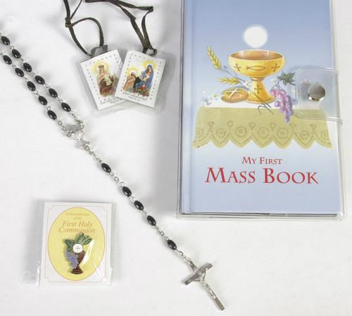 Communion Set with First Mass Book and Black Rosary and Brown Scapular and Blessed Sacrament Pin in Vinyl holder measuring 4 and 1 half by 6 and seven eighths inches CB80854B Communion Set with First Mass Book and Black Rosary and Brown Scapular and Blessed Sacrament Pin in Vinyl holder measuring 4 and 1 half by 6 and seven eighths inches CB80854B