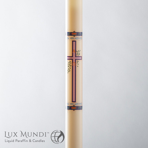 Easter Cross Refillable Paschal Candle with alpha and omega letters includes a brass follower LNRA