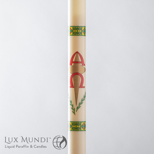 Alpha Omega Cross Refillable Paschal Candle with alpha and omega letters includes a brass follower LNFRB