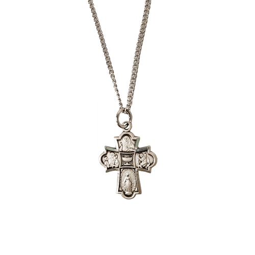 Four Way Medal Necklace First Communion Sterling Medal Cross measures 1 inch with 18 inch rhodium plated brass chain MAL573 Four Way Medal Necklace First Communion Sterling Medal Cross measures 1 inch with 18 inch rhodium plated brass chain MAL573